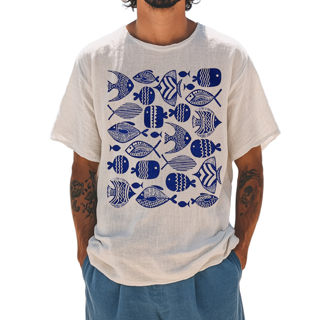 Men's Ocean Print Linen T-Shirt | Retro Casual Short Sleeve | Round Neck | Vintage Beachwear Top | Breathable Lightweight Fabric | Sizes S-3XL | Summer Comfort