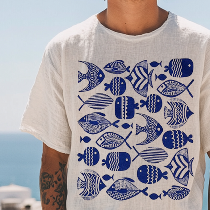 Men's Ocean Print Linen T-Shirt | Retro Casual Short Sleeve | Round Neck | Vintage Beachwear Top | Breathable Lightweight Fabric | Sizes S-3XL | Summer Comfort