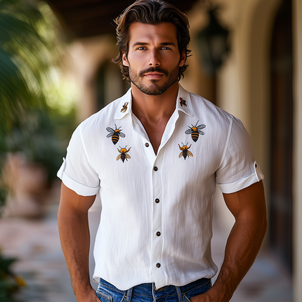 Men's Hawaiian Short Sleeve Shirt | Bee Embroidery | Cotton Linen Blend | Casual Summer Fashion | Lightweight Breathable Top