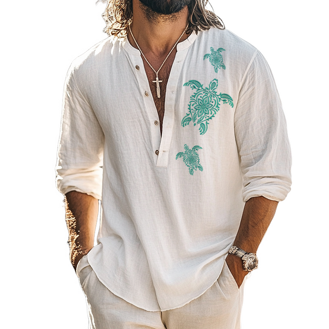 Men's Vintage Henley Collar Shirt | Turtle Embroidery | Long Sleeve | Casual Versatile Wear | Breathable Fabric | Classic Buttoned Cuffs | Sizes S-3XL | Stylish Comfort