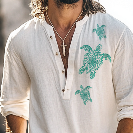 Men's Vintage Henley Collar Shirt | Turtle Embroidery | Long Sleeve | Casual Versatile Wear | Breathable Fabric | Classic Buttoned Cuffs | Sizes S-3XL | Stylish Comfort