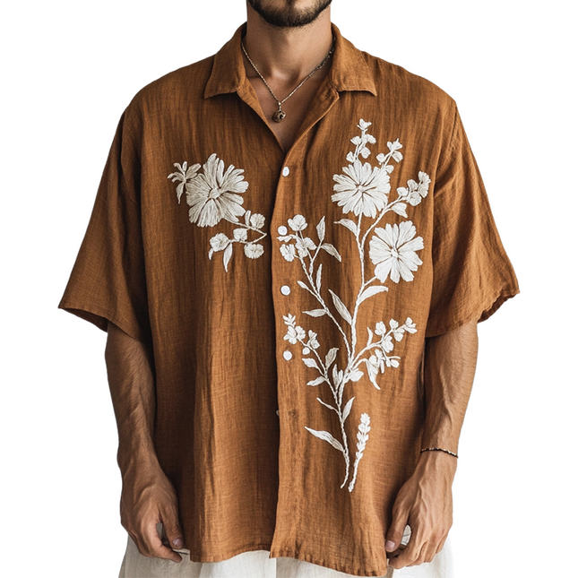 Men's Floral Embroidery Linen Shirt | Short Sleeve Lapel Collar | Casual Wear | Breathable Lightweight Spring Summer Top | Versatile Semi-Formal Outfit | Elegant and Comfortable Fashion Apparel