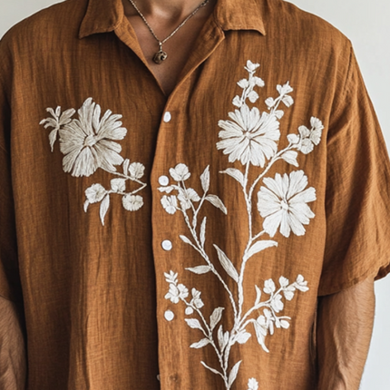 Men's Floral Embroidery Linen Shirt | Short Sleeve Lapel Collar | Casual Wear | Breathable Lightweight Spring Summer Top | Versatile Semi-Formal Outfit | Elegant and Comfortable Fashion Apparel