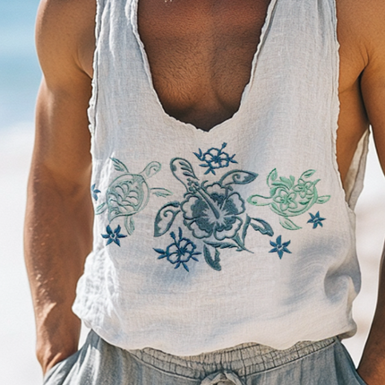 Men's Linen U-Neck Sleeveless Tank Top | Retro Beach Style | Turtle Embroidery | Casual Summer Wear | Breathable Fabric | Vintage Fashion | Various Sizes | Cool Comfortable Design