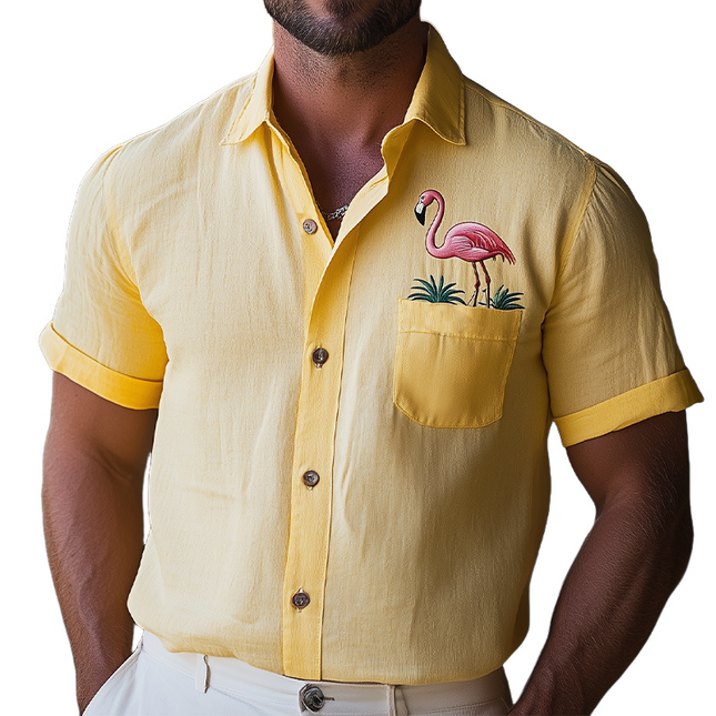 Men's Short Sleeve Hawaiian Shirt | Flamingo Embroidery | Cotton Linen Blend | Summer Fashion | Breathable Casual Top | Chest Pocket | Lightweight Comfort | Versatile Stylish Design