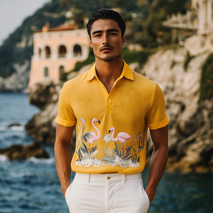 Men's Hawaiian Style Polo Shirt | Flamingo Embroidery | Cotton Linen Blend | Short Sleeve | Summer Fashion | Breathable Casual Design | Lightweight Comfortable Fit | Ideal For Warm Weather