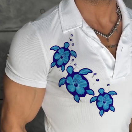 Men's Lapel Short Sleeve T-Shirt | Retro Turtle Print | Casual Vintage Style | Breathable Soft Fabric | Comfortable Fit | Stylish Men's Top