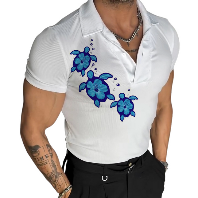 Men's Lapel Short Sleeve T-Shirt | Retro Turtle Print | Casual Vintage Style | Breathable Soft Fabric | Comfortable Fit | Stylish Men's Top