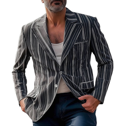 Men's Vertical Striped Blazer | Two-Button Closure | Tailored Fit | Polyester Viscose Blend | Fully Lined | Formal & Casual Versatility | Sizes S-3XL
