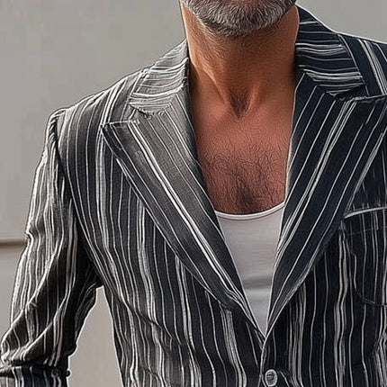 Men's Vertical Striped Blazer | Two-Button Closure | Tailored Fit | Polyester Viscose Blend | Fully Lined | Formal & Casual Versatility | Sizes S-3XL