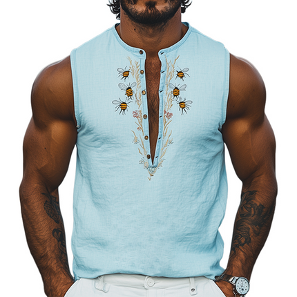Men's Summer Tank Top | Deep V Neck | Bee and Flower Embroidery | Cotton Linen Blend | Stylish Casual Wear | Breathable Lightweight Fabric | Trendy Warm Weather Top