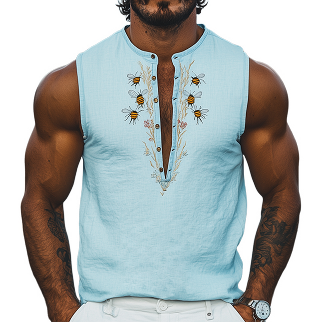 Men's Summer Tank Top | Deep V Neck | Bee and Flower Embroidery | Cotton Linen Blend | Stylish Casual Wear | Breathable Lightweight Fabric | Trendy Warm Weather Top