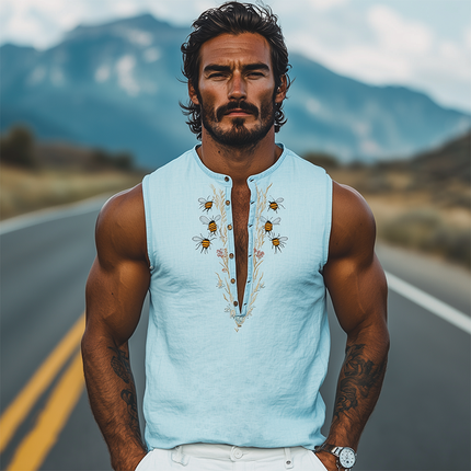 Men's Summer Tank Top | Deep V Neck | Bee and Flower Embroidery | Cotton Linen Blend | Stylish Casual Wear | Breathable Lightweight Fabric | Trendy Warm Weather Top