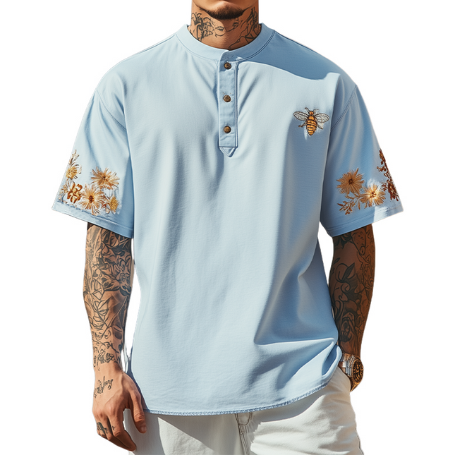Men's Cotton Blend Henley Collar T-Shirt | Short Sleeve Summer Fashion | Flower & Bee Embroidery
