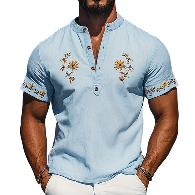 Men's Summer Henley T-Shirt | Flower Embroidery | Cotton Linen Blend | Short Sleeve | Casual Fashion Top | Breathable & Comfortable | Clothing for Summer | Stylish Versatile Design | Classic Collar