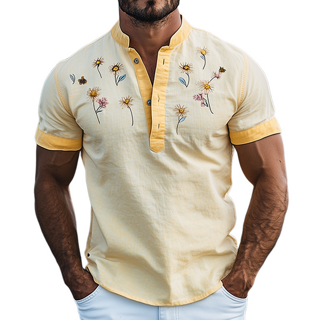 Men's Summer Henley T-Shirt | Flower Embroidery | Cotton Linen Blend | Short Sleeve | Fashionable Casual Top | Lightweight Breathable Shirt | Stylish Collar | Comfortable Warm Weather Tee