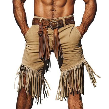 Men's Khaki Denim Style Fringe Shorts | Western-Inspired | Mid-Thigh Length | Relaxed Fit | Casual Summer Wear | Versatile Khaki Color | Fringe Detail | Durable Fabric | Comfort and Style | Multiple Sizes Available