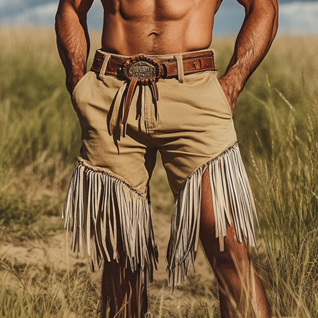 Men's Western Denim Style Fringe Shorts | Khaki | Rugged Western-Inspired Design | Fringe Detailing | Durable Fabric | Casual & Festival Wear | Multiple Sizes | Mid-Rise Waist | Versatile Summer Shorts