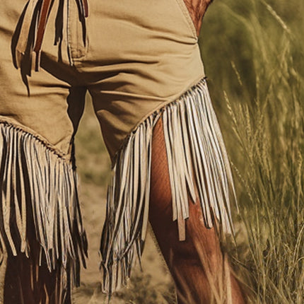 Men's Western Denim Style Fringe Shorts | Khaki | Rugged Western-Inspired Design | Fringe Detailing | Durable Fabric | Casual & Festival Wear | Multiple Sizes | Mid-Rise Waist | Versatile Summer Shorts