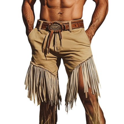 Men's Western Denim Style Fringe Shorts | Khaki | Rugged Western-Inspired Design | Fringe Detailing | Durable Fabric | Casual & Festival Wear | Multiple Sizes | Mid-Rise Waist | Versatile Summer Shorts