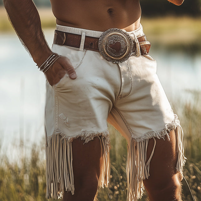 Men's Vintage Western Cowboy Shorts | Denim Fringe Detailing | Rugged Style | Casual Fit | Soft Durable Fabric | Mid-rise Waist | S-3XL Sizes | Festival and Summer Wear | Timeless Design | No Belt Included