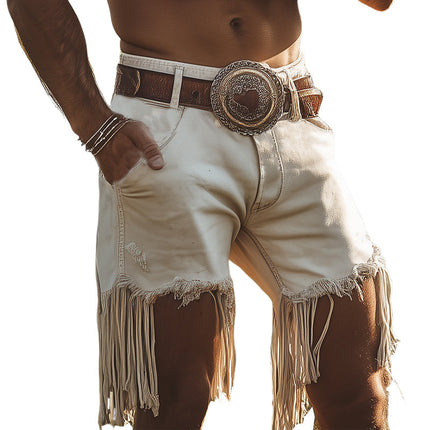 Men's Vintage Western Cowboy Shorts | Denim Fringe Detailing | Rugged Style | Casual Fit | Soft Durable Fabric | Mid-rise Waist | S-3XL Sizes | Festival and Summer Wear | Timeless Design | No Belt Included
