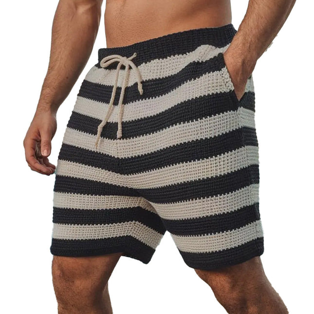 Men's Striped Summer Knitted Shorts | Breathable Fabric | Hollow Design | Comfortable Fit | Adjustable Waist | Ideal for Hot Weather | Stylish and Durable