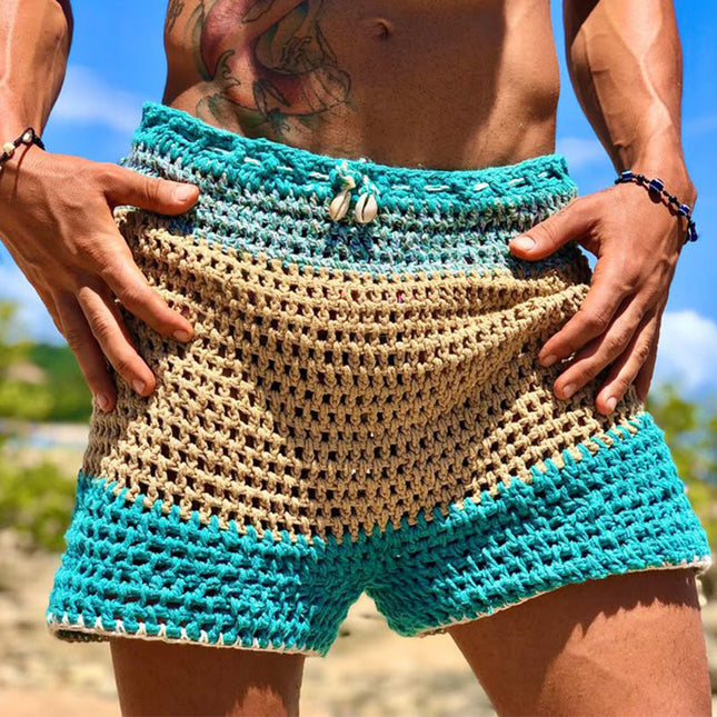 Men's Knitted Shorts | Summer Hollow Design | Breathable Contrast Colors | Flexible & Comfortable | Elastic Waistband | Casual & Active Wear | Fashionable Beach & Everyday Style