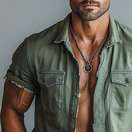 Men's Vintage Denim Shirt | Raw Edge Design | Short Sleeve | Classic Spread Collar | Button-Up | Summer Casual Wear | Soft Durable Fabric | Available in Multiple Sizes | Ideal for Warm Weather