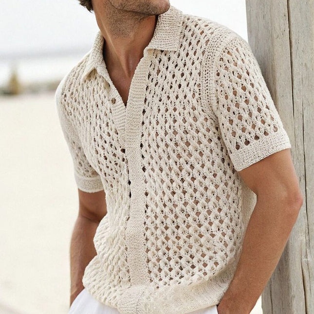 Men's Knitted Short Sleeve Shirt | Breathable Summer Fashion | Hollow Design | Comfortable Lightweight Top | Casual Wear | Versatile Style for Warm Weather