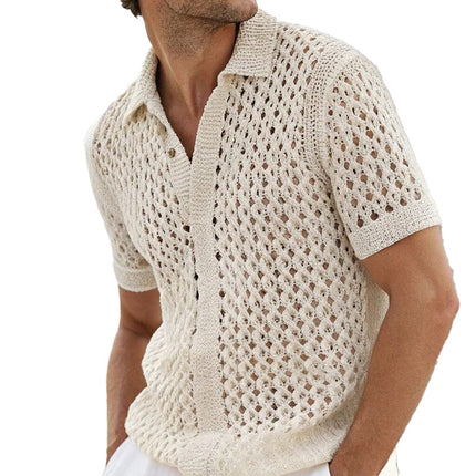 Men's Knitted Short Sleeve Shirt | Breathable Summer Fashion | Hollow Design | Comfortable Lightweight Top | Casual Wear | Versatile Style for Warm Weather