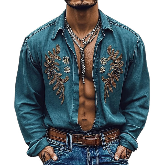 Men's Vintage Denim Shirt | Embroidered Button-Down | Classic Point Collar | Soft Durable Fabric | Tailored Fit | S-3XL | Vintage Wash | Fashion Forward Style | Versatile Casual & Semi-Formal Wear