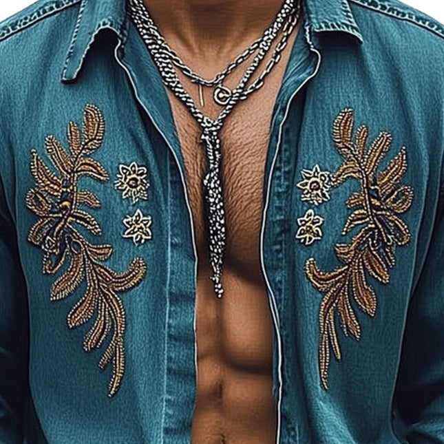 Men's Vintage Denim Shirt | Embroidered Button-Down | Classic Point Collar | Soft Durable Fabric | Tailored Fit | S-3XL | Vintage Wash | Fashion Forward Style | Versatile Casual & Semi-Formal Wear