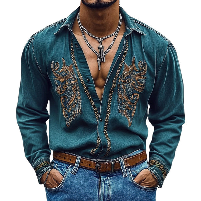 Men's Vintage Embroidered Denim Shirt | Long Sleeve | Classic Point Collar | Button Cuffs | Relaxed Fit | Durable Denim | Artistic Embroidery | Casual & Cultural Events | Machine Washable | Timeless Style