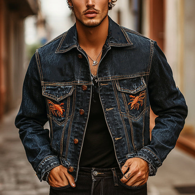 Men's Vintage Embroidered Denim Jacket | Casual Thin Lightweight Outerwear | Classic Blue Style | Tailored Fit with Detailed Back Embroidery | Versatile Button-Down Design | All-Season Fashion Staple