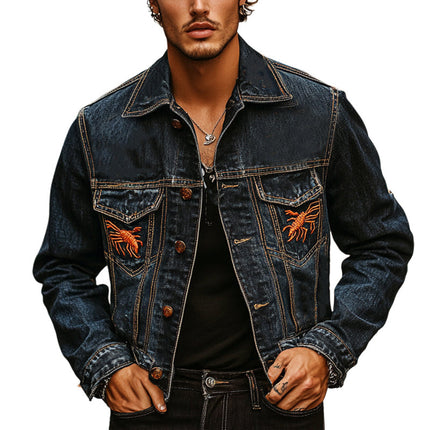 Men's Vintage Embroidered Denim Jacket | Casual Thin Lightweight Outerwear | Classic Blue Style | Tailored Fit with Detailed Back Embroidery | Versatile Button-Down Design | All-Season Fashion Staple