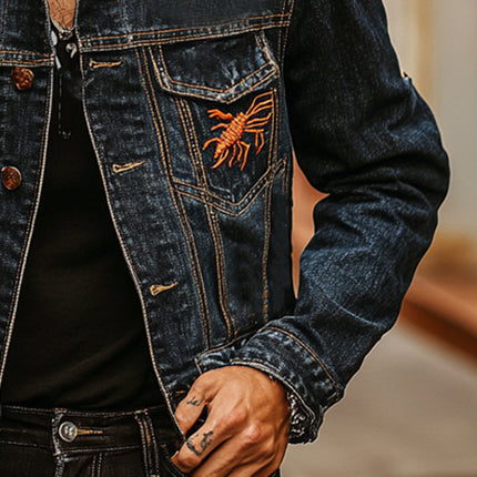 Men's Vintage Embroidered Denim Jacket | Casual Thin Lightweight Outerwear | Classic Blue Style | Tailored Fit with Detailed Back Embroidery | Versatile Button-Down Design | All-Season Fashion Staple