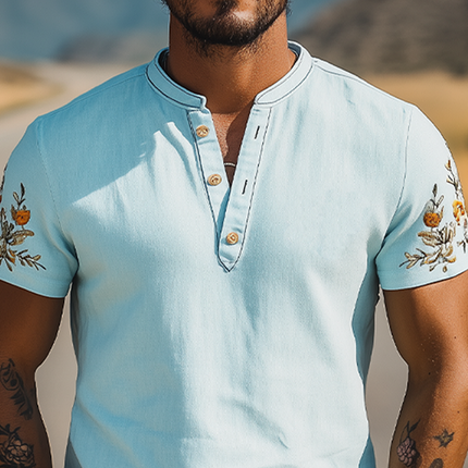 Men's Casual Summer T-Shirt | Henley Collar | Ramie Fabric | Embroidery Detail | Short Sleeve | Breathable & Lightweight | Versatile Fashion