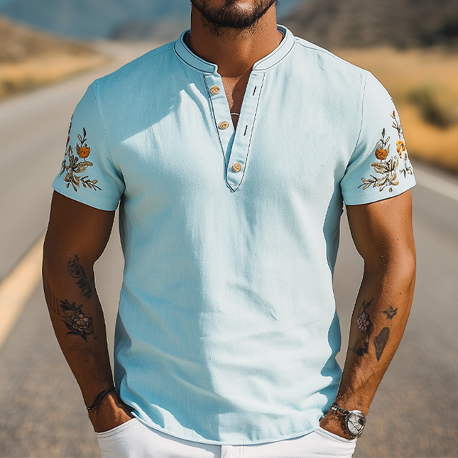 Men's Casual Summer T-Shirt | Henley Collar | Ramie Fabric | Embroidery Detail | Short Sleeve | Breathable & Lightweight | Versatile Fashion