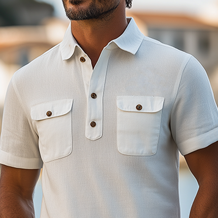 Men's Short-Sleeved Polo Shirt | Premium Ramie Fabric for Breathability | Multi-Pocket Design for Practicality | Classic Collar | Casual Summer Fashion | Lightweight & Versatile