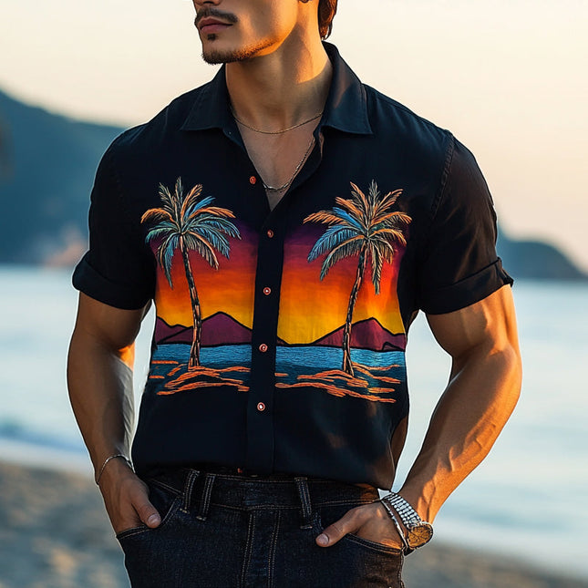 Men's Palm Seaside Print Shirt | Vibrant Tropical Design | Short Sleeve Casual Wear | Comfortable Breathable Fabric | Relaxed Fit for Summer Outings | Beach Vacation Style | Button-Down Casual Top