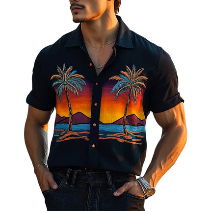 Men's Palm Seaside Print Shirt | Vibrant Tropical Design | Short Sleeve Casual Wear | Comfortable Breathable Fabric | Relaxed Fit for Summer Outings | Beach Vacation Style | Button-Down Casual Top
