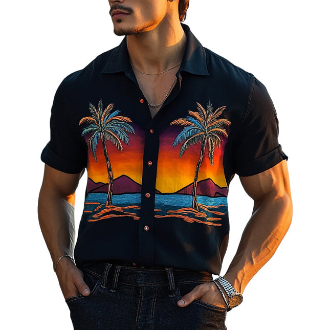 Men's Palm Seaside Print Shirt | Vibrant Tropical Design | Short Sleeve Casual Wear | Comfortable Breathable Fabric | Relaxed Fit for Summer Outings | Beach Vacation Style | Button-Down Casual Top