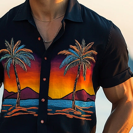 Men's Palm Seaside Print Shirt | Vibrant Tropical Design | Short Sleeve Casual Wear | Comfortable Breathable Fabric | Relaxed Fit for Summer Outings | Beach Vacation Style | Button-Down Casual Top