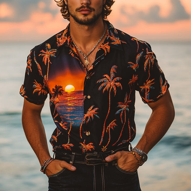 Men's Tropical Palm Print Shirt | Vacation Wear | Short Sleeve | Breathable Lightweight Fabric | Relaxed Fit | Resort Style | Casual Summer Beach Shirt | High-Quality & Durable Stitching | MTA2292D0X