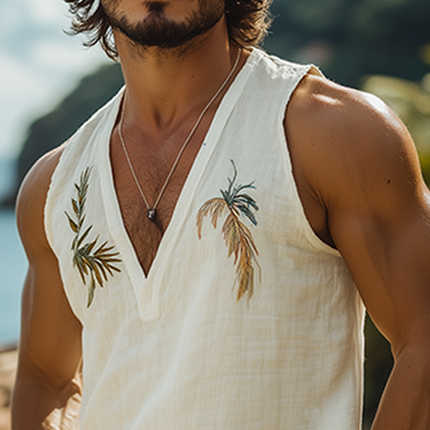 Men's Summer Casual Tank Top | Hawaiian Style | Embroidered Cotton Linen Blend | Deep V Neck | Lightweight | Breathable | Cool Comfort | Perfect for Beach | Outdoor Events | Versatile Styling
