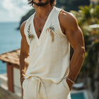 Men's Summer Casual Tank Top | Hawaiian Style | Embroidered Cotton Linen Blend | Deep V Neck | Lightweight | Breathable | Cool Comfort | Perfect for Beach | Outdoor Events | Versatile Styling
