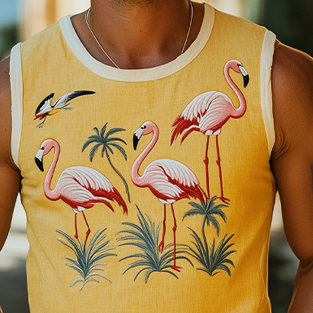 Men's Summer Tank Top | Casual Hawaiian Style | Flamingo Embroidered | Cotton Linen Blend | Lightweight Breathable | Relaxed Fit | Versatile Outfit | Easy Care | Beachwear Fashion