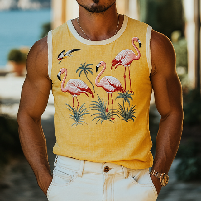 Men's Summer Tank Top | Casual Hawaiian Style | Flamingo Embroidered | Cotton Linen Blend | Lightweight Breathable | Relaxed Fit | Versatile Outfit | Easy Care | Beachwear Fashion