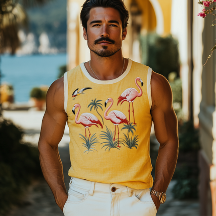 Men's Summer Tank Top | Casual Hawaiian Style | Flamingo Embroidered | Cotton Linen Blend | Lightweight Breathable | Relaxed Fit | Versatile Outfit | Easy Care | Beachwear Fashion